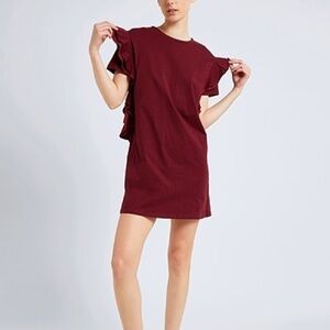 8 by YOOX ORGANIC COTTON RUFFLED SLEEVE SHORT DRESS size large burgundy